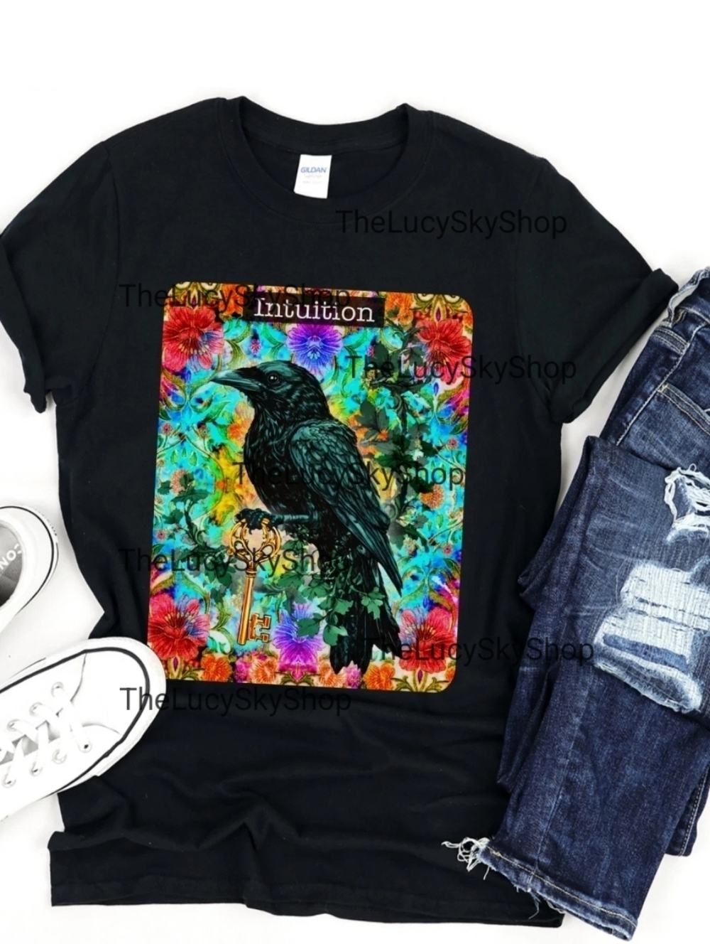 Raven Intuition Floral Key Colorful Tee Shirt 🌻 Trippy Magical  Art T-shirt